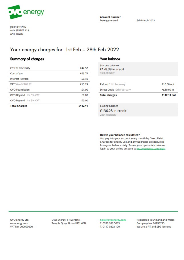 United Kingdom Ovo Energy electricity bill, Word and PDF template